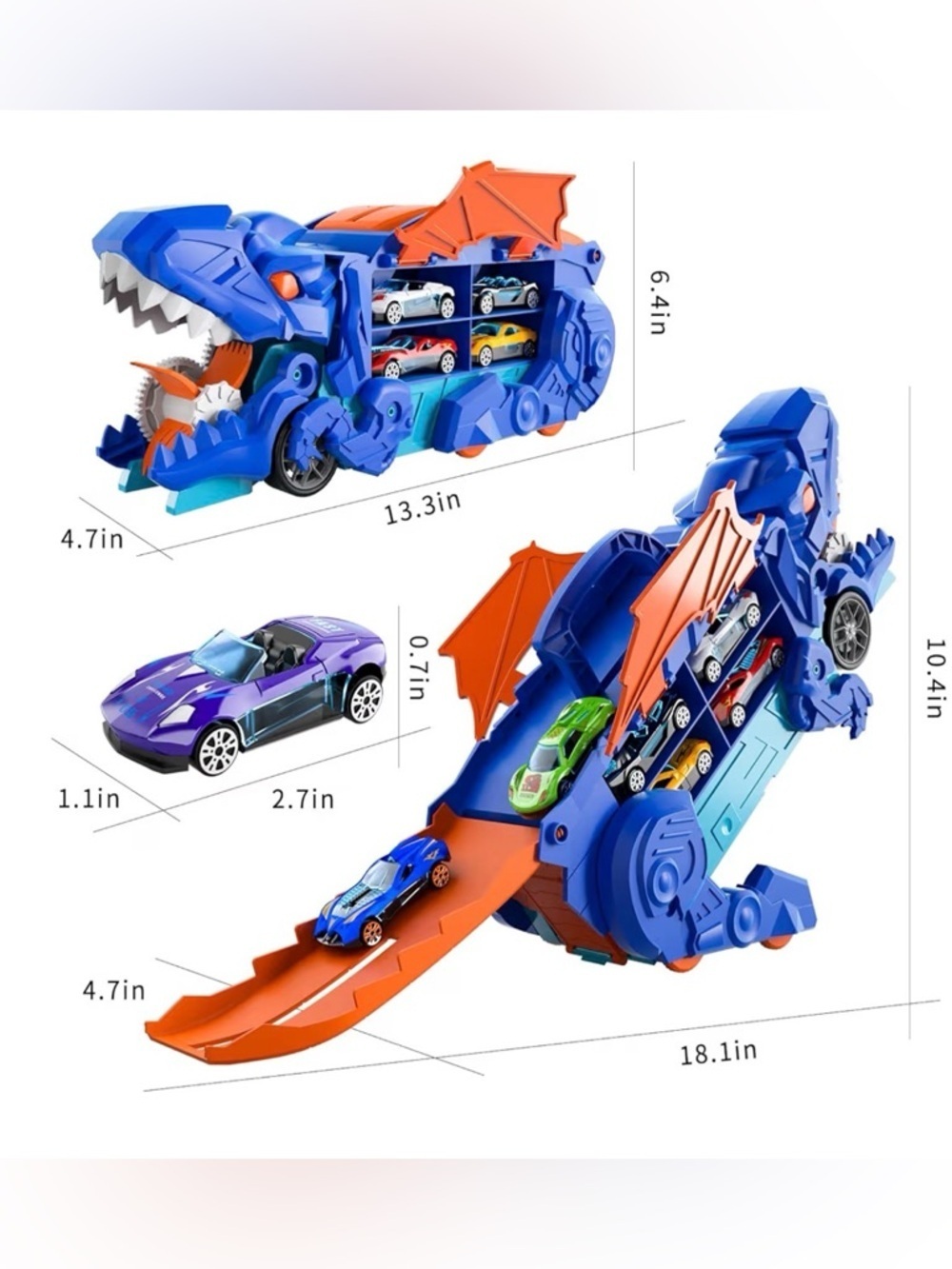 Dinosaur Car Carrier Blue Orange Playset with 12 Mini Race Cars NIB Birthday - Picture 2 of 9